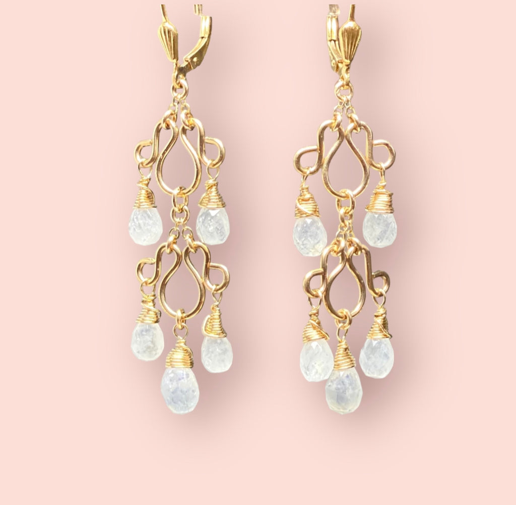 Rainbow Moonstone Gemstone Chandelier Earrings Gold Fill
