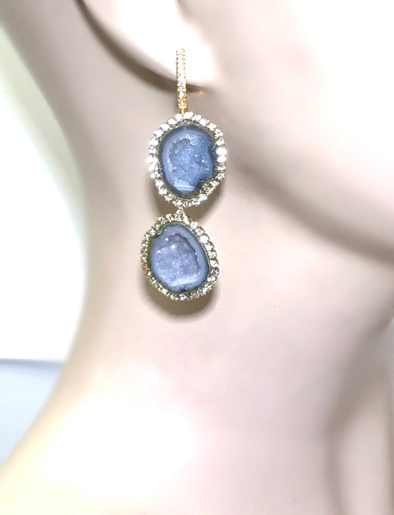 Grey Tabasco Geode Earrings with Diamond Look Swarovski Crystals - doolittlejewelry