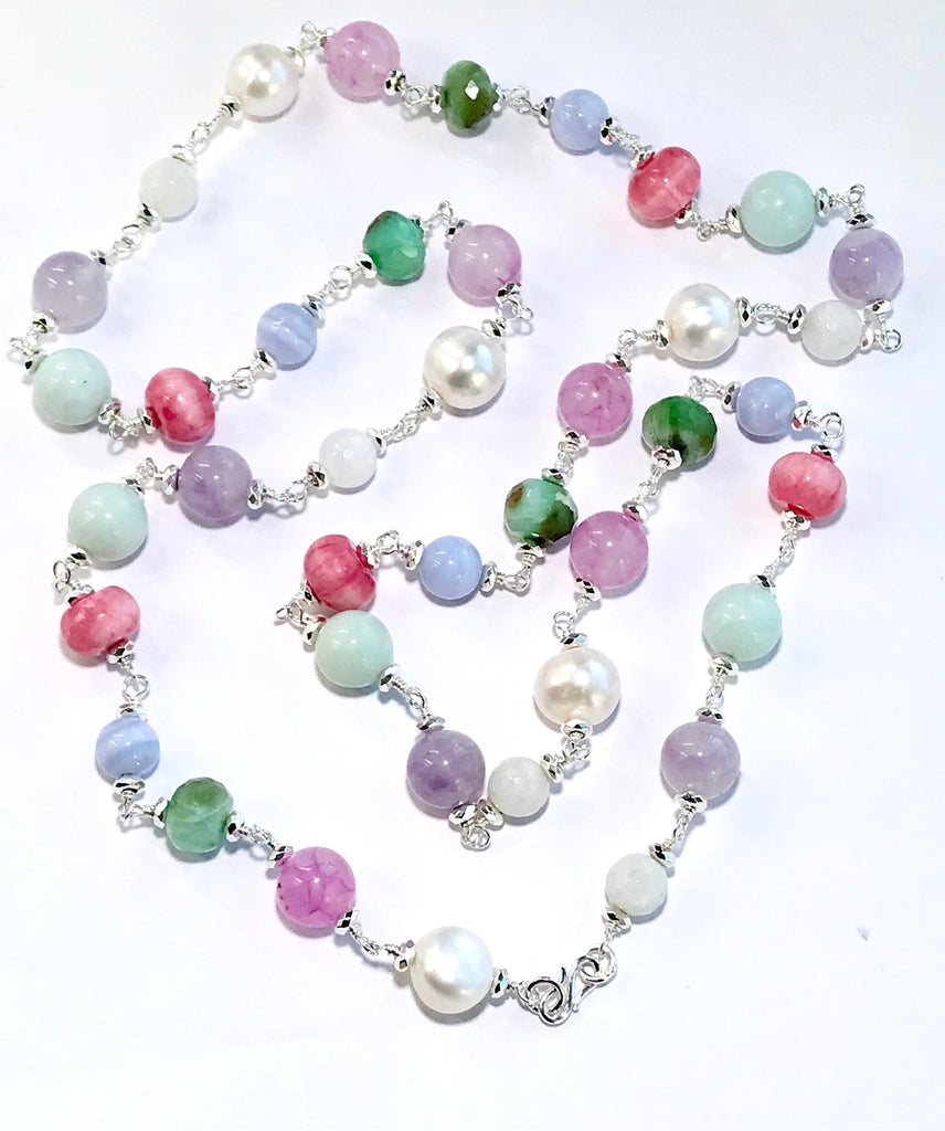 Long Gemstone Wire Wrapped Necklace Pastel in Sterling Silver - doolittlejewelry