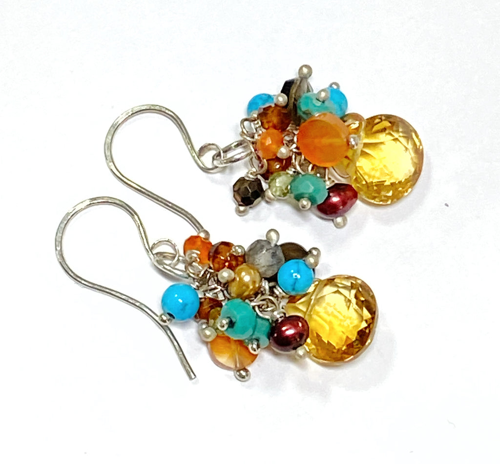 Citrine Earrings with Multi-color Gemstone Clusters Sterling Silver