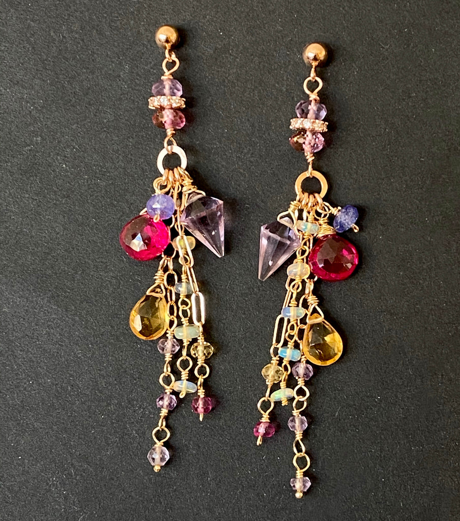 Multi-color Gemstone Long Chain Dangle Earrings Red Topaz Pink Amethyst Citrine Opal Rose Gold - doolittlejewelry