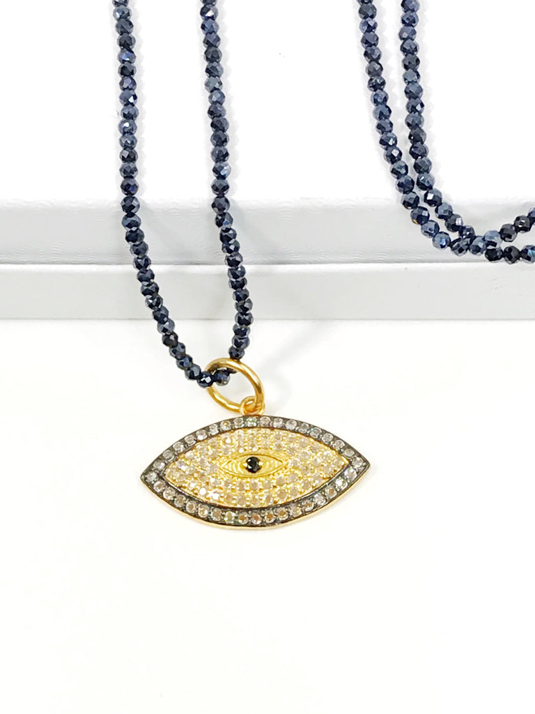 Evil Eye and Pave Diamond Look Long Black Spinel Necklace - doolittlejewelry