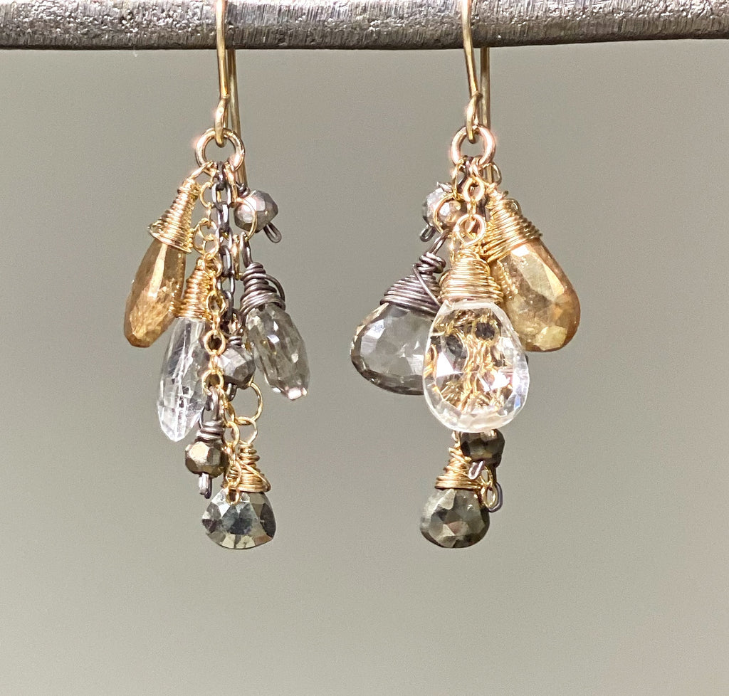 Crystal Quartz and Gold Mixed Metal Dangle Earrings