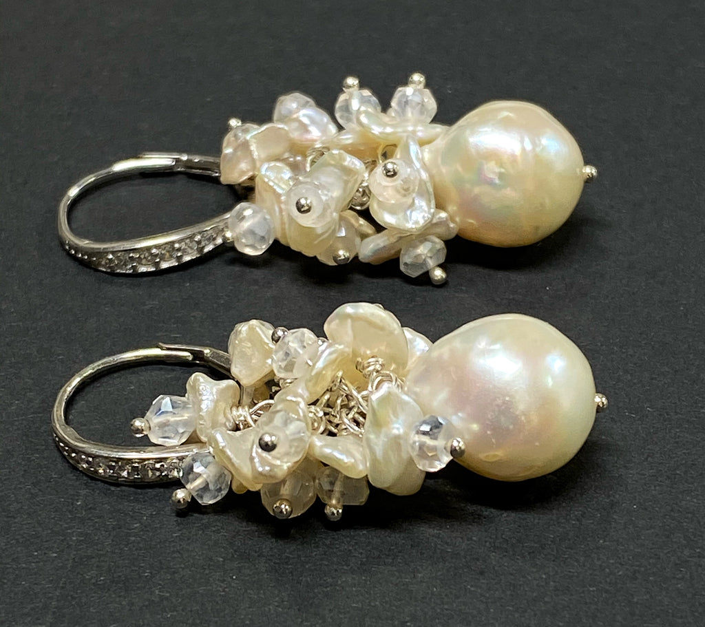 Ivory Pearl Cluster Wedding Bridal Earrings