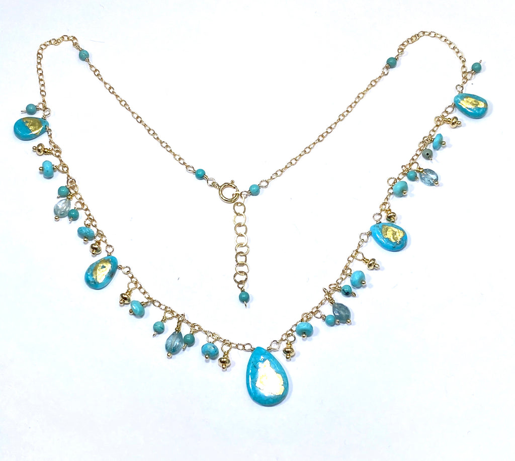 Kingman Turquoise Dangle Necklace Blue Zircon 24 kt Solid Gold Leaf - doolittlejewelry