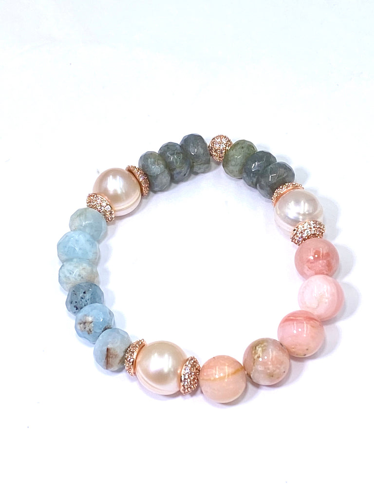 Aquamarine, Labradorite, Pink Opal, Blush Pearl, Rose Gold Pave CZ Bracelet 3 - doolittlejewelry
