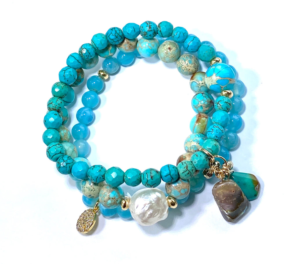 Turquoise, Imperial Jasper, Blue Chalcedony Stretch Stack Bracelet Set of 3 - doolittlejewelry