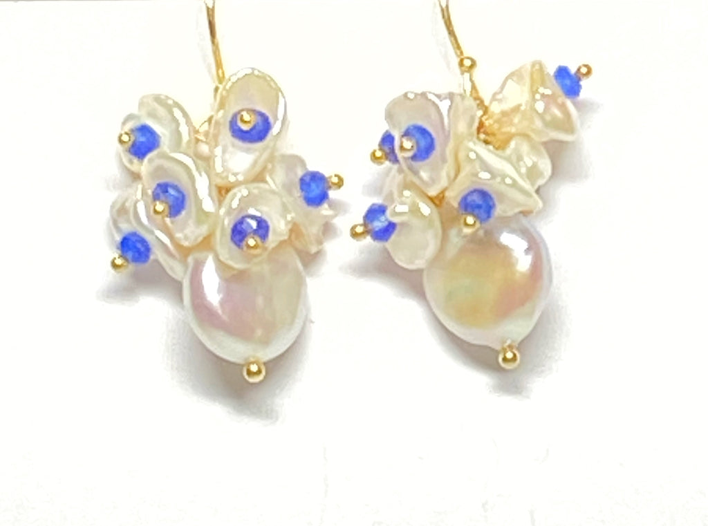 Coin Pearl Blue Lapis Keishi Pearl Cluster Earrings Gold