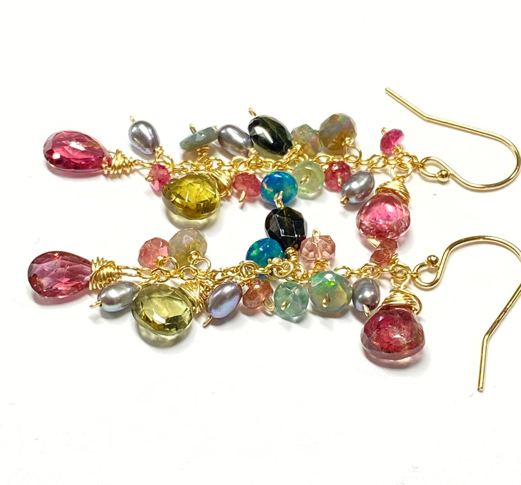 Black Opal and Pink Green Tourmaline Dangle Earrings Gold