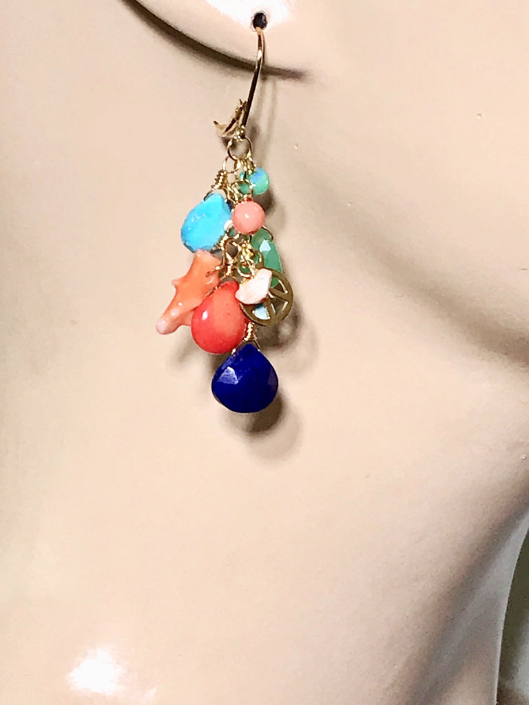 Multi Gemstone Gold Dangle Earrings Coral Blue Lapis Turquoise