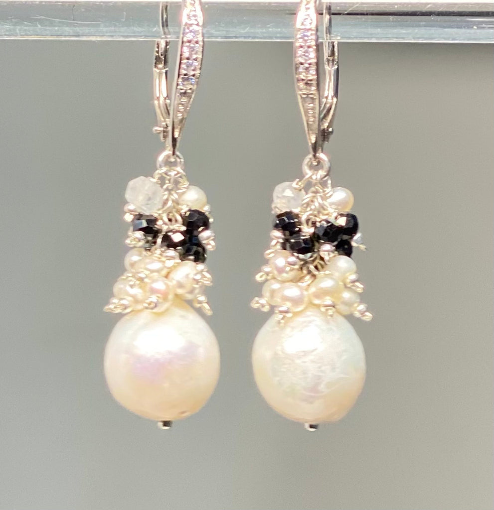 Baroque Edison Pearl Cluster Earrings Black Spinel Sterling Silver