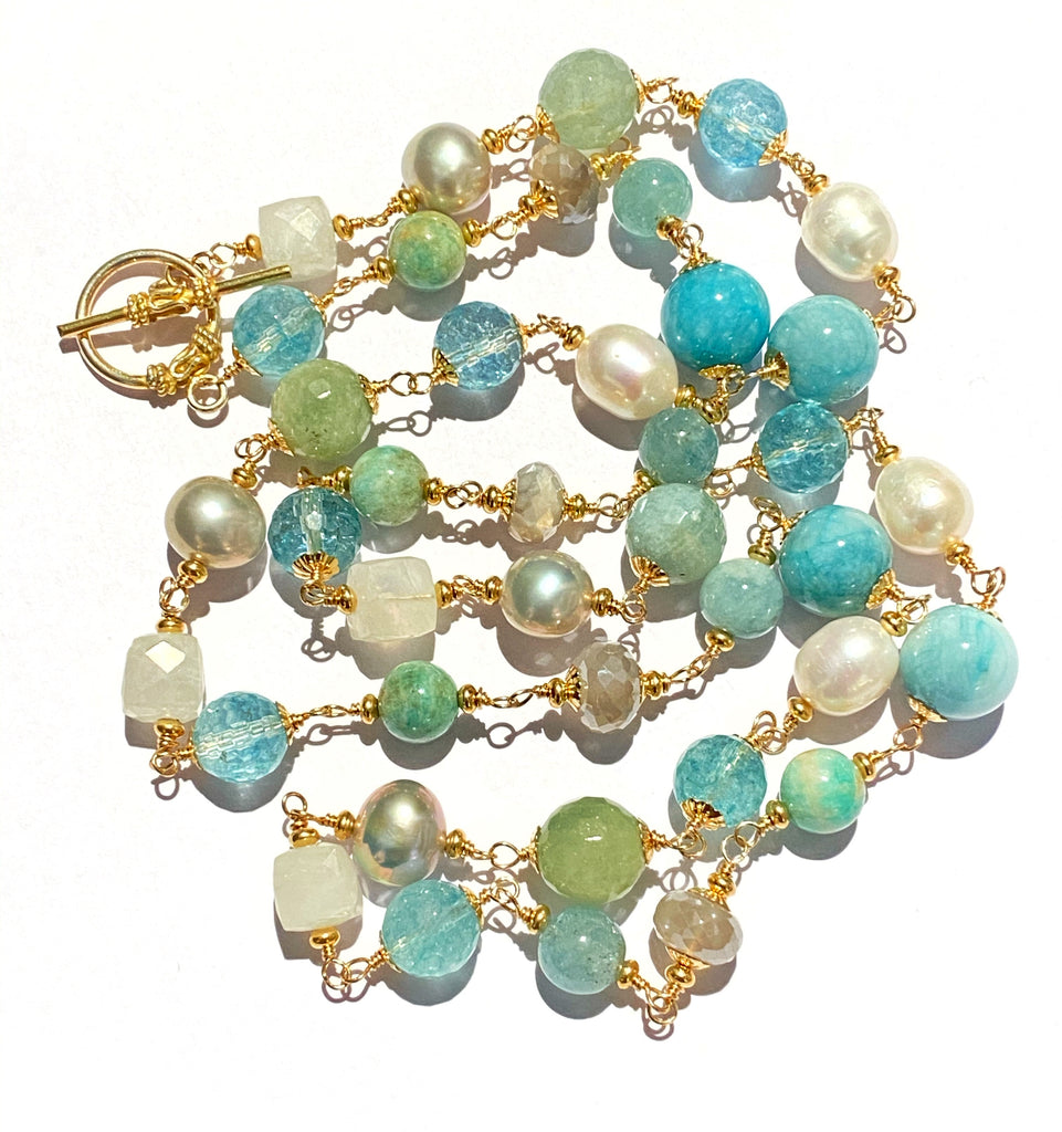 Aquamarine Pearl Long Wire Wrap Necklace Gold Moonstone