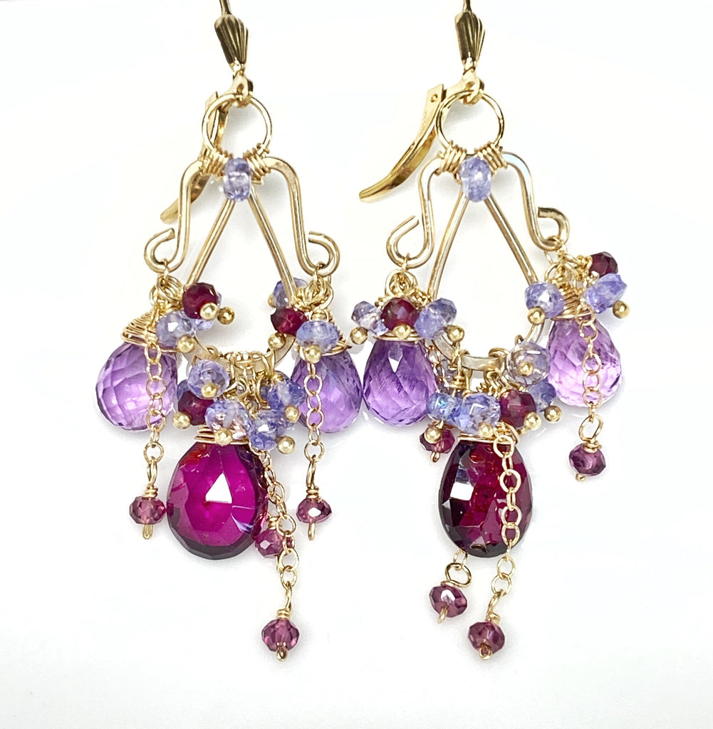 Garnet Amethyst Tanzanite Gold Multicolor Chandelier Earrings