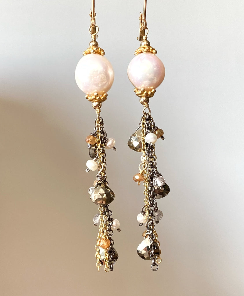 Edison Pearl Mixed Metal Long Dangle Earrings