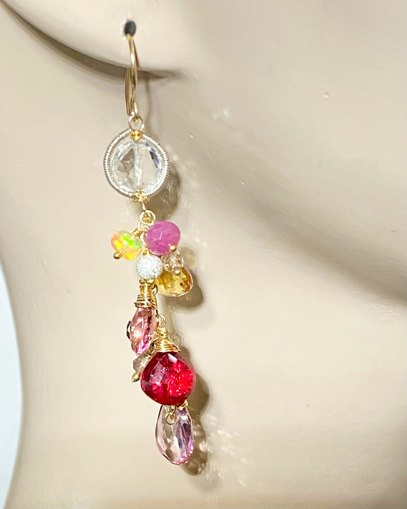 Pink Red Mixed Metal Dangle Earrings Ethiopian Opal