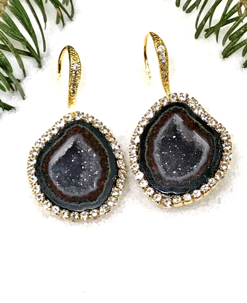 Black Tabasco Geode Earrings with Diamond Look Swarovski Crystals