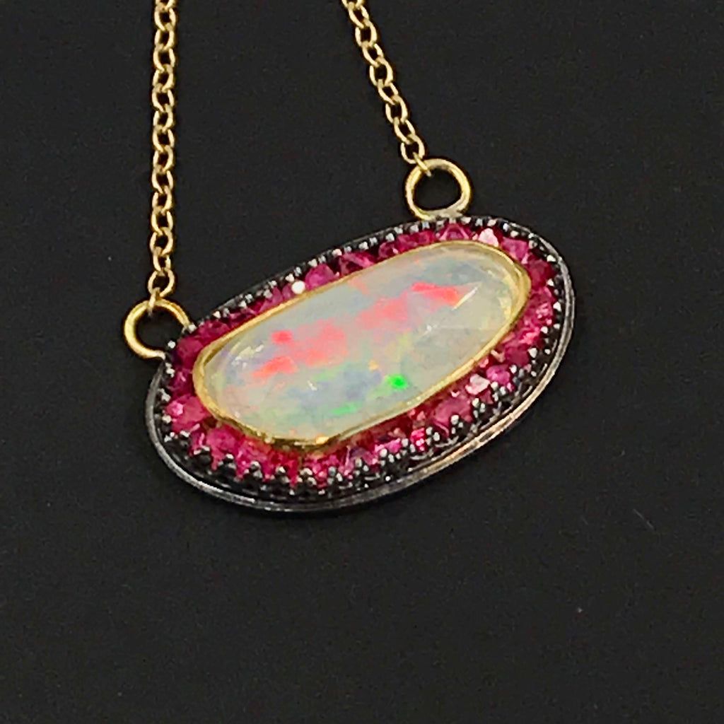 Opal and Pink Spinel Pendant with 22 kt Gold and Oxidized Sterling Silver - doolittlejewelry