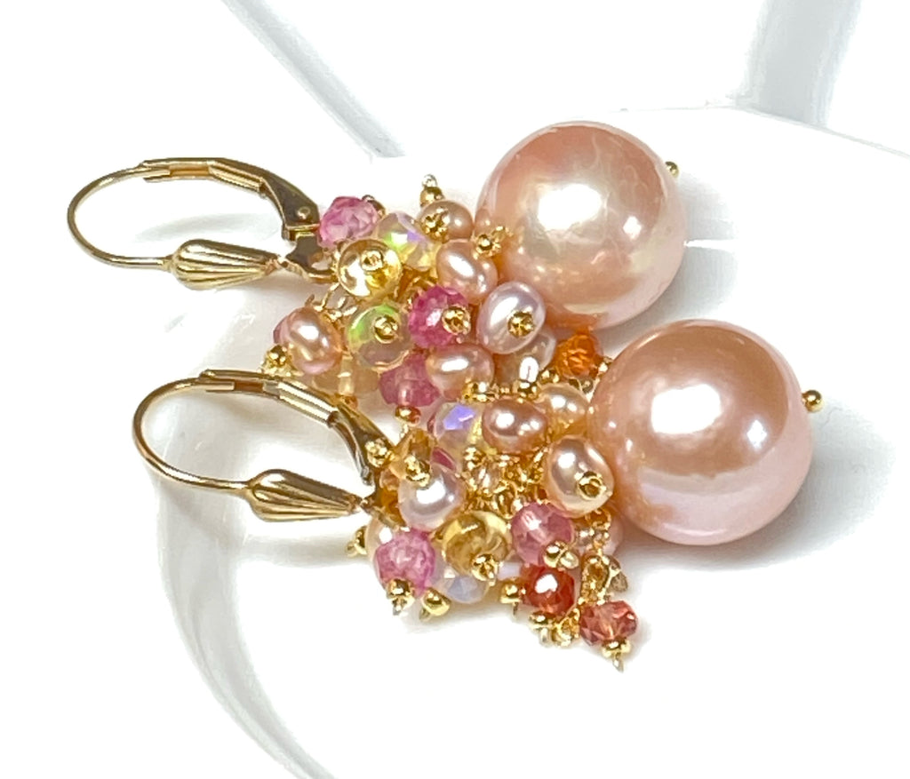 beautiful round pink freshwater pearls with clusters of opals, pearls and pink, orange, yellow gemstones for wedding