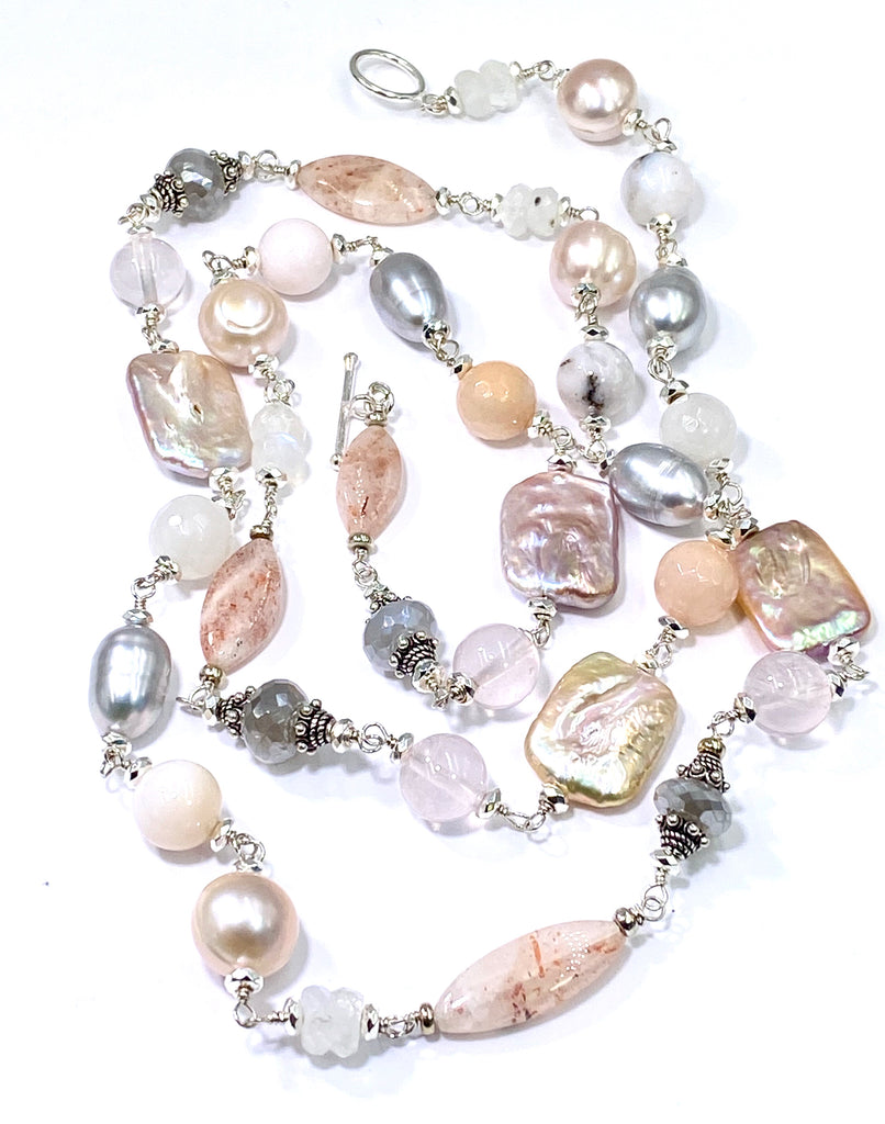 Long Silver Gemstone Pearl Necklace Blush Pink & Grey Toggle Clasp - doolittlejewelry