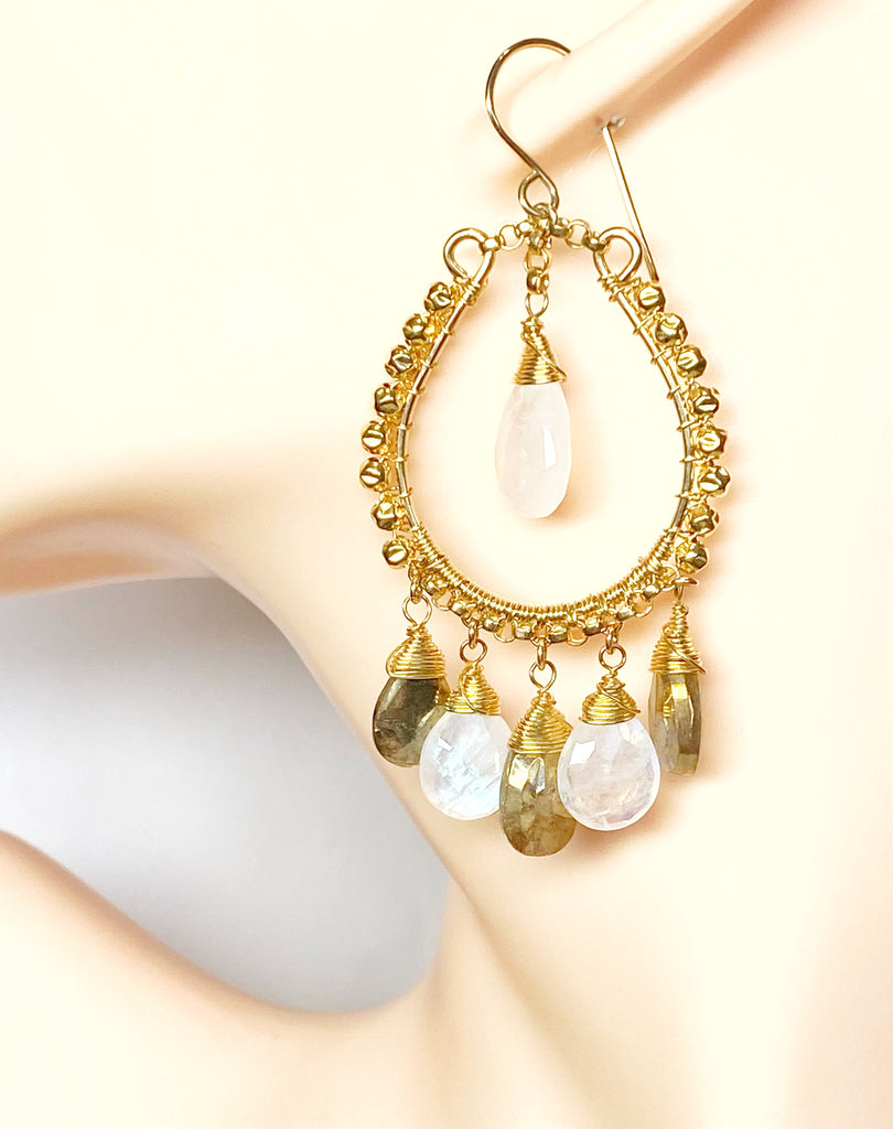 Gold Labradorite Moonstone Hoop Chandelier Earrings