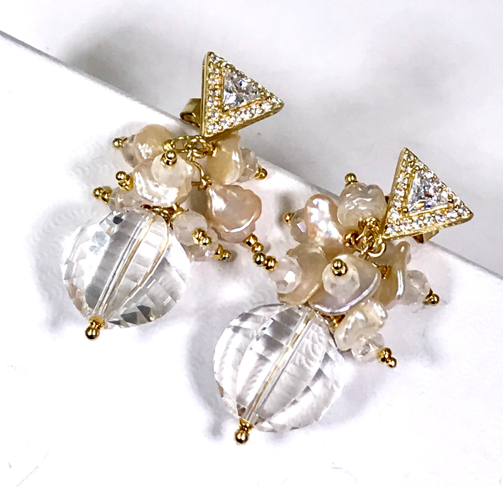 Clear Crystal Quartz Earrings Keishi Pearl Cluster Gold Post - doolittlejewelry