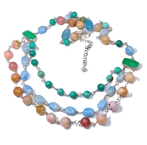 Multi-strand Necklace Multi-color Gemstone Wire Wrapped Opal Chrysoprase Aquamarine - doolittlejewelry