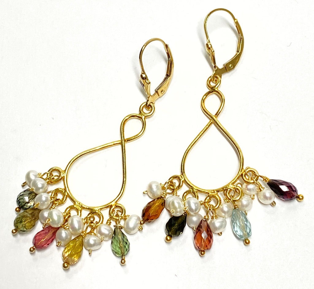 Tourmaline and Pearl Gold Chandelier Earrings