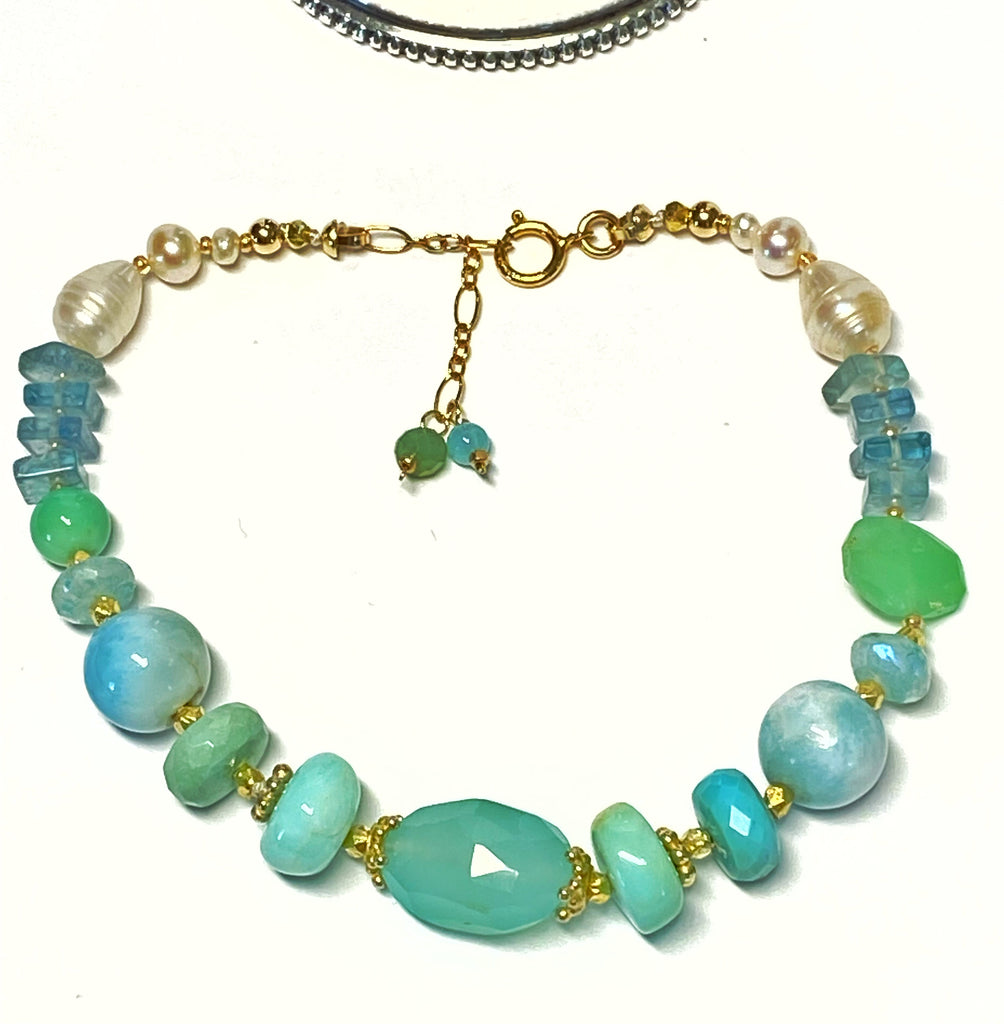 Aqua Chalcedony, Pearl and Gem Silk Knot Bracelet