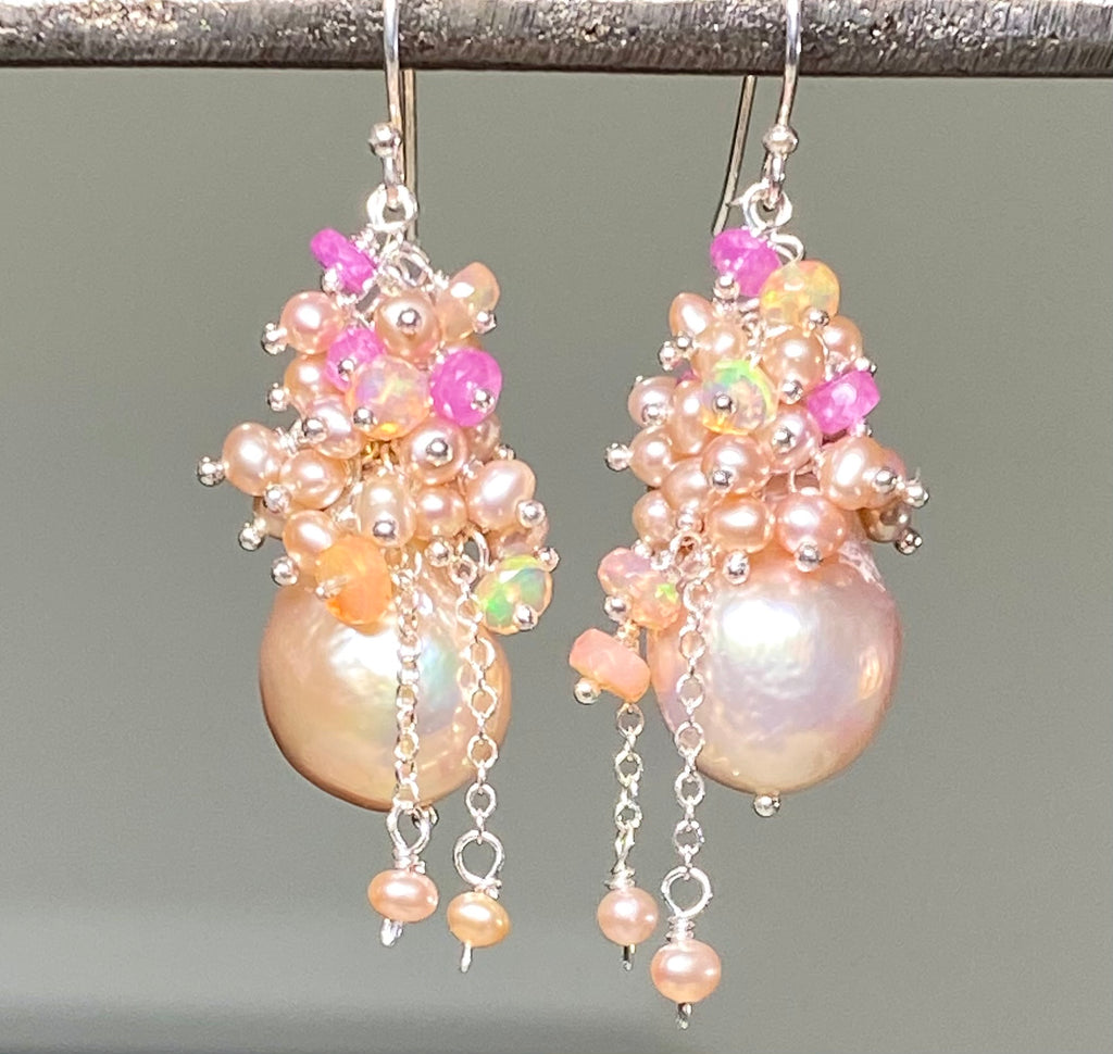 Pink Blush Baroque Pearls Opal, Sapphire Pearl Cluster Earrings