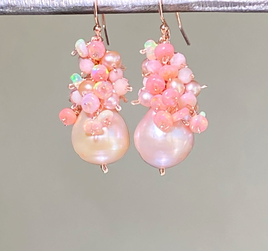 Blush Pink Baroque Pearl Opal Cluster Rose Gold Earrings