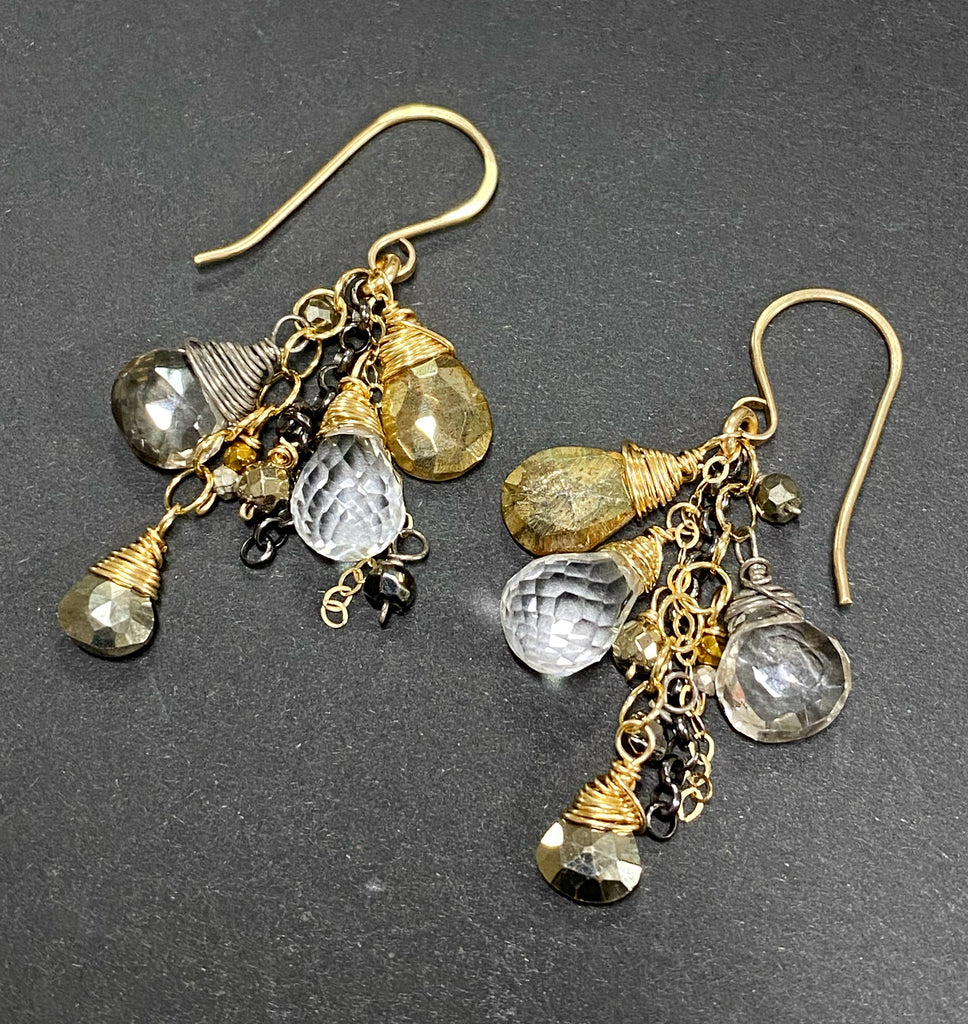 Crystal Quartz and Gold Mixed Metal Dangle Earrings