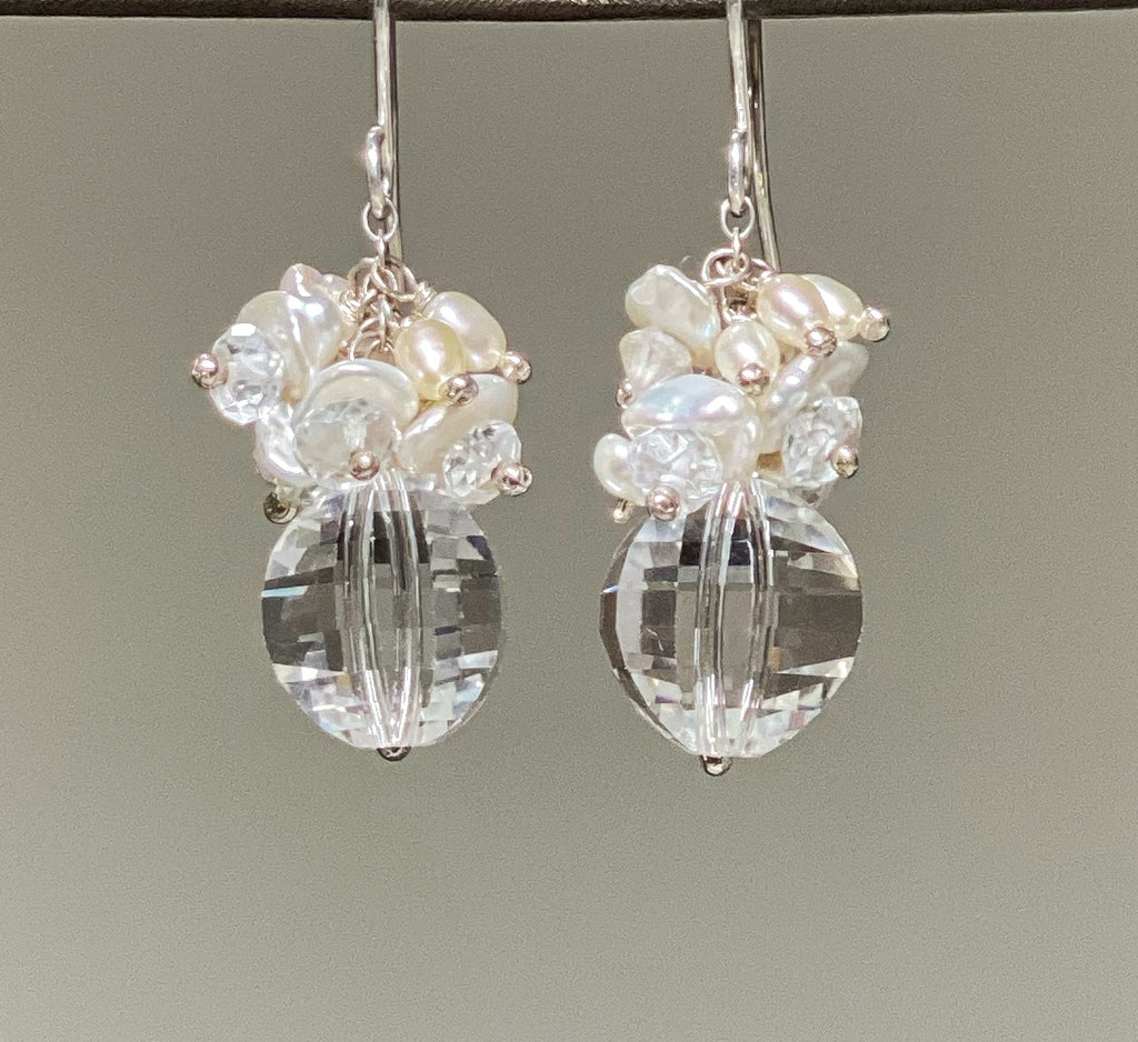 Cut Crystal Quartz, Keishi Pearl Cluster Earrings, Sterling Silver - doolittlejewelry