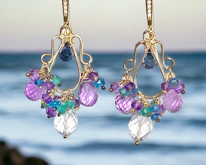 Amethyst and Blue Topaz Gemstone Chandelier Earrings 14kt Gold Fill