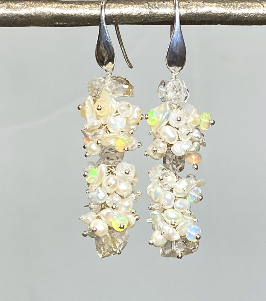 Herkimer Diamond Welo Ethiopian Opal Cluster Earrings Sterling Silver