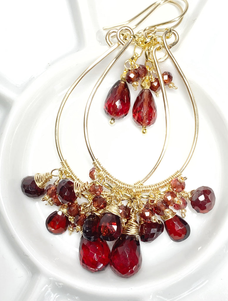 Red Garnet Gold Statement Chandelier Hoop Earrings