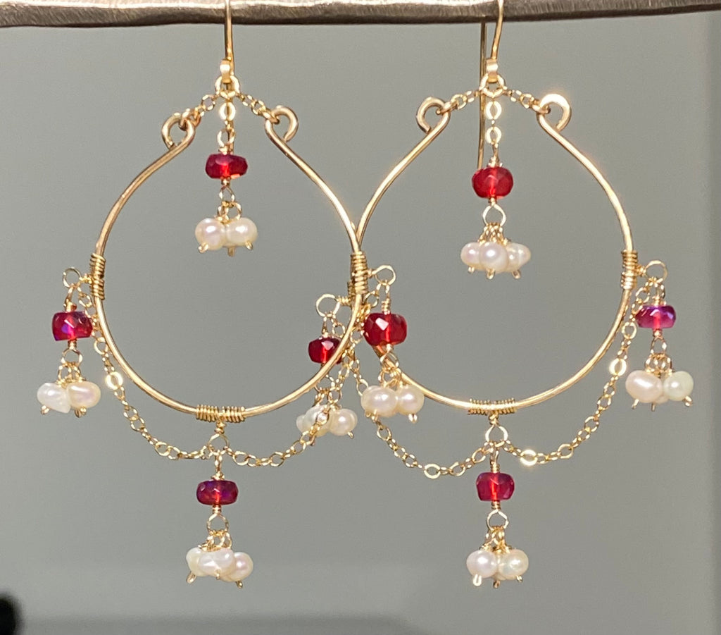 ruby red opal and pearl dainty statement hoop earrings gold fill