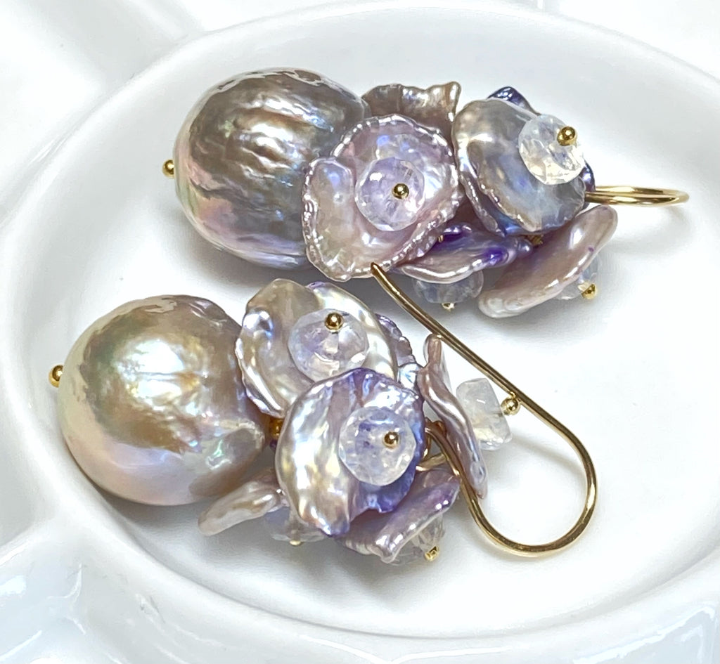 silver and lavender grey pearl cluster earrings