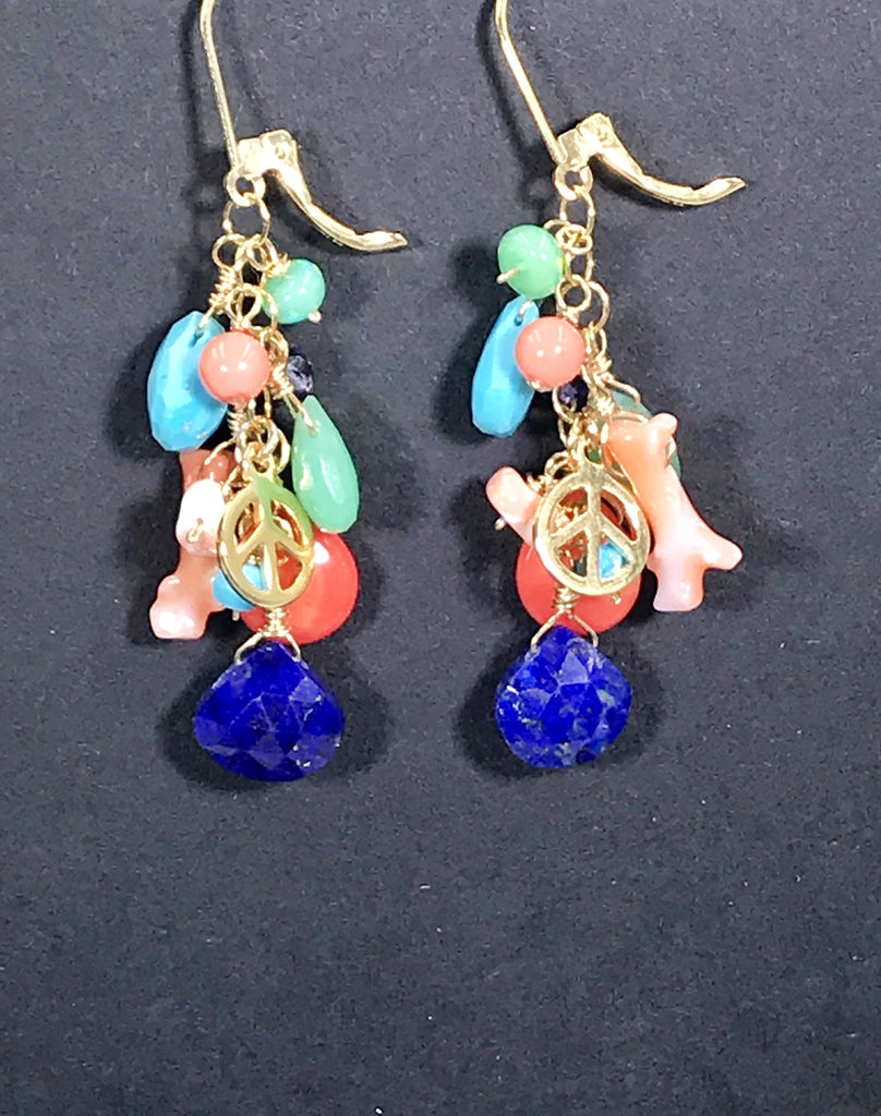 Multi Gemstone Gold Dangle Earrings Coral Blue Lapis Turquoise