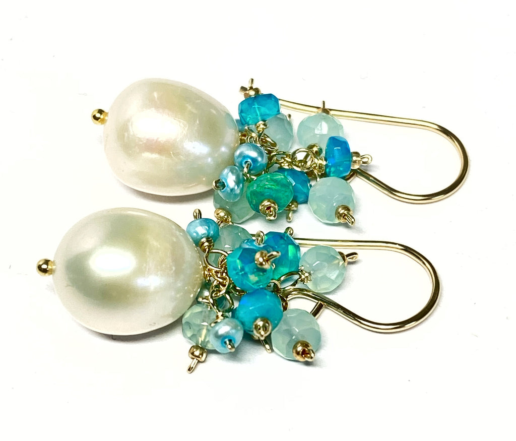 Pearl Cluster Earrings with AAAA Opals Gold