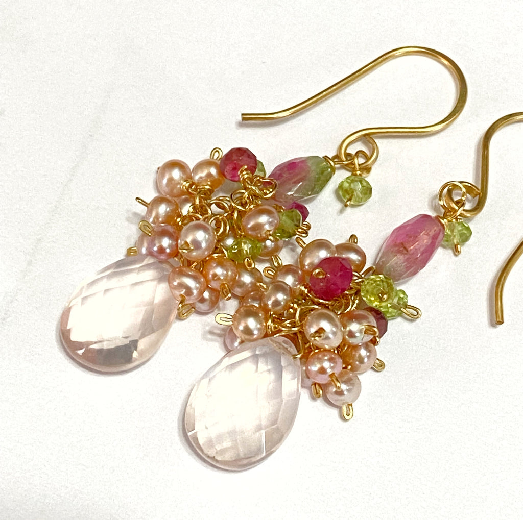 Pink Earrings, Rose Quartz, Pink Pearl Cluster, Watermelon Tourmaline