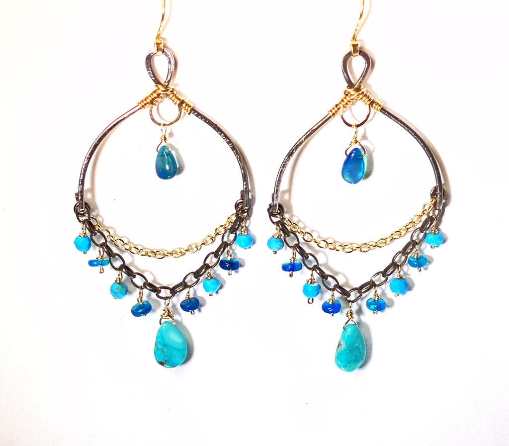 Blue Opal and Kingman Turquoise Mixed Metal Chandelier Earrings