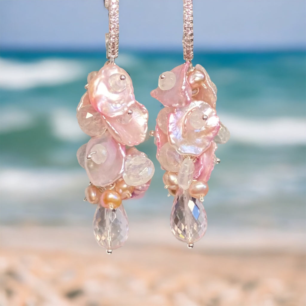 Pink Rose Quartz, Moonstone, Keishi Pearl Cluster Earrings, Silver
