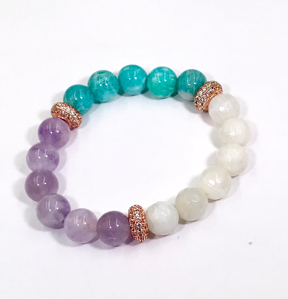 Turquoise Bracelet Stack Set of 3 Rose Gold Pave CZ Moonstone Lavender Quartz - doolittlejewelry