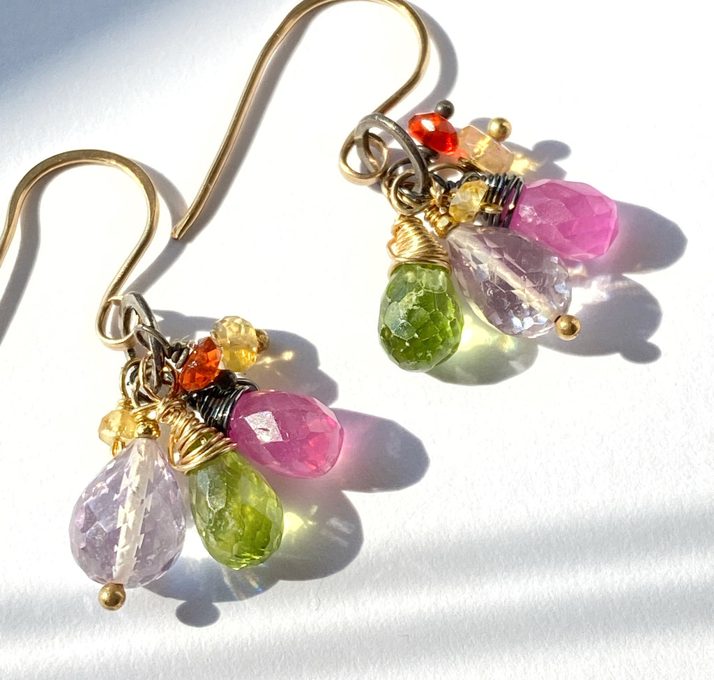 Multi-color Gemstone Dangle Earrings Mixed Metal Peridot Pink Sapphire Amethyst