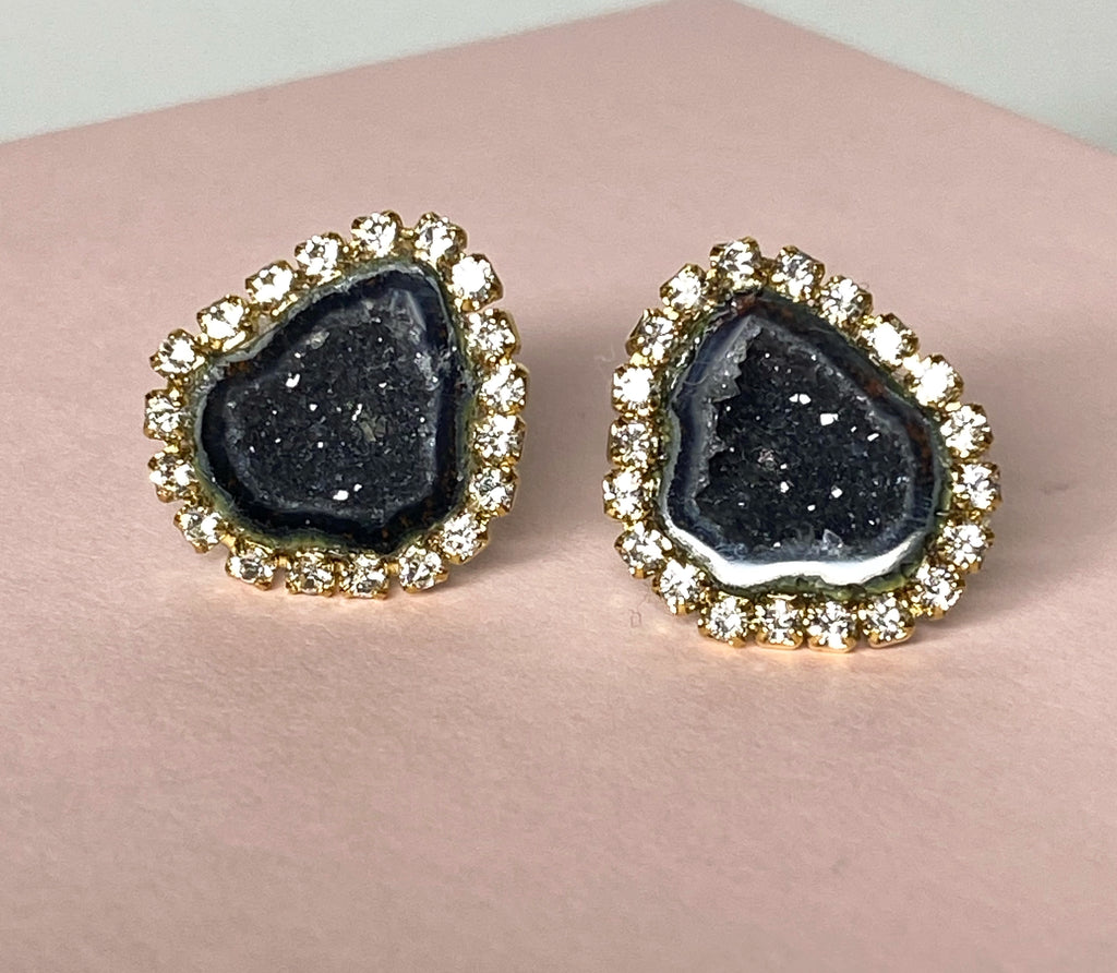 Black Geode Druzy Stud Earrings Diamond Look