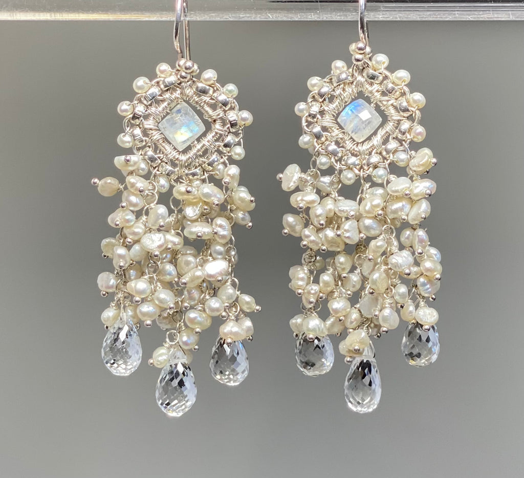 Moonstone and Pearl Chandelier Statement Bridal Wedding Earrings