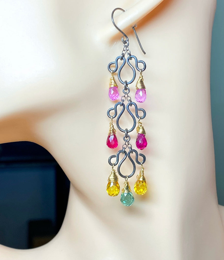 Multi-color Long Chandelier Earrings Oxidized Silver Colorful Corundum Quartz