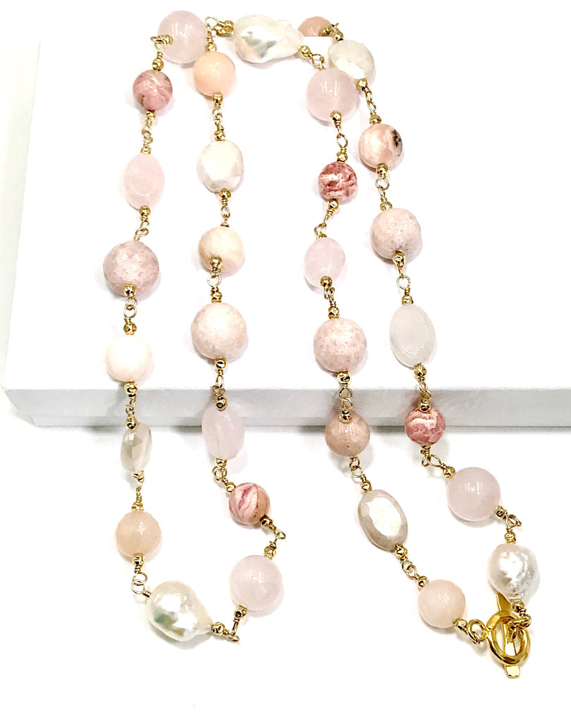 Long Multi Gemstone Blush Stone Pearl Wire Wrap Necklace 14kt Gold Fill - doolittlejewelry