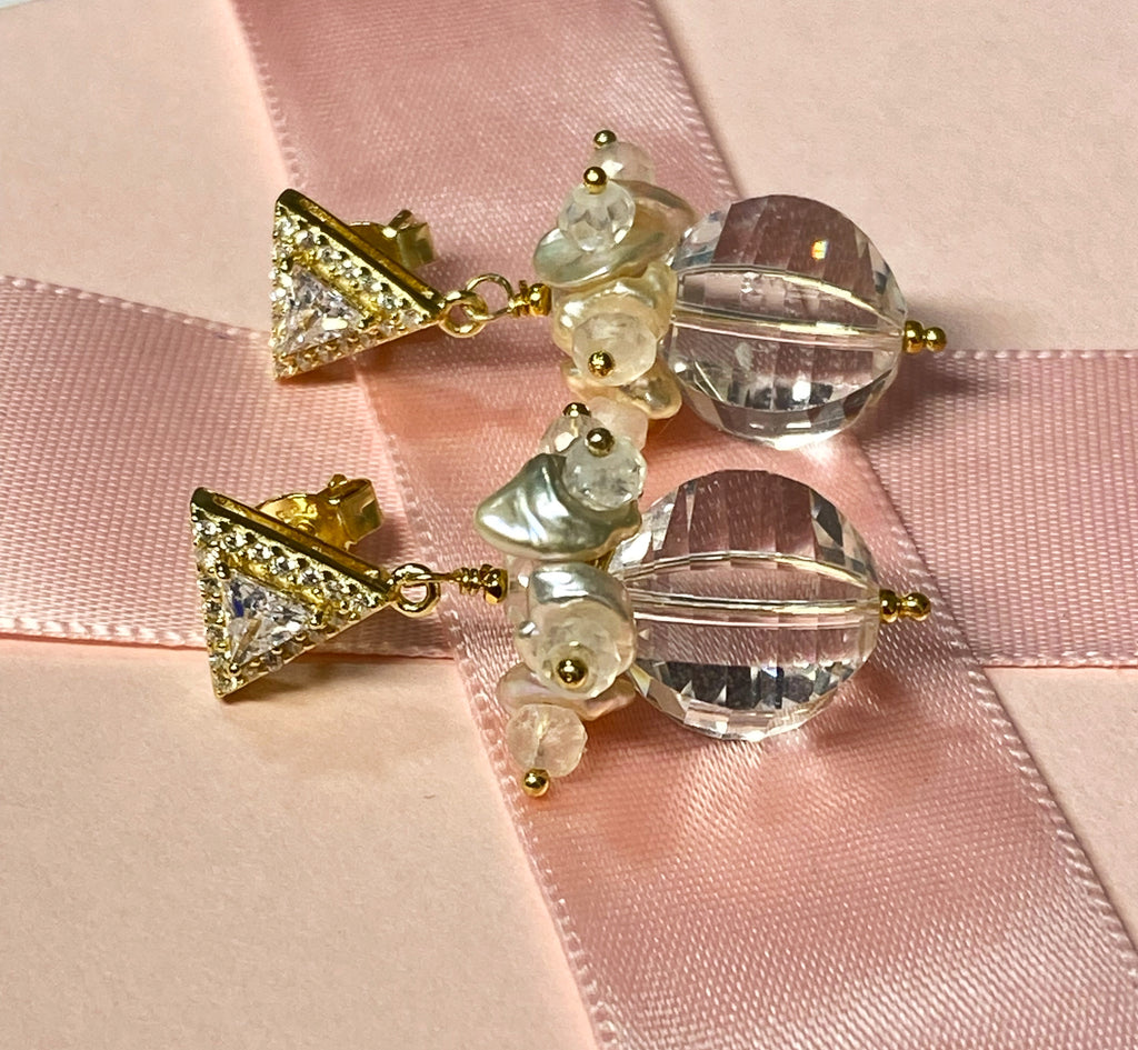 Clear Crystal Quartz Earrings Keishi Pearl Cluster Gold Post