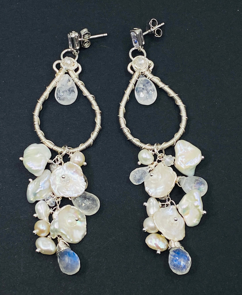 Moonstone Pearl Bridal Earrings Keishi Pearl Crystal Sterling Silver - doolittlejewelry